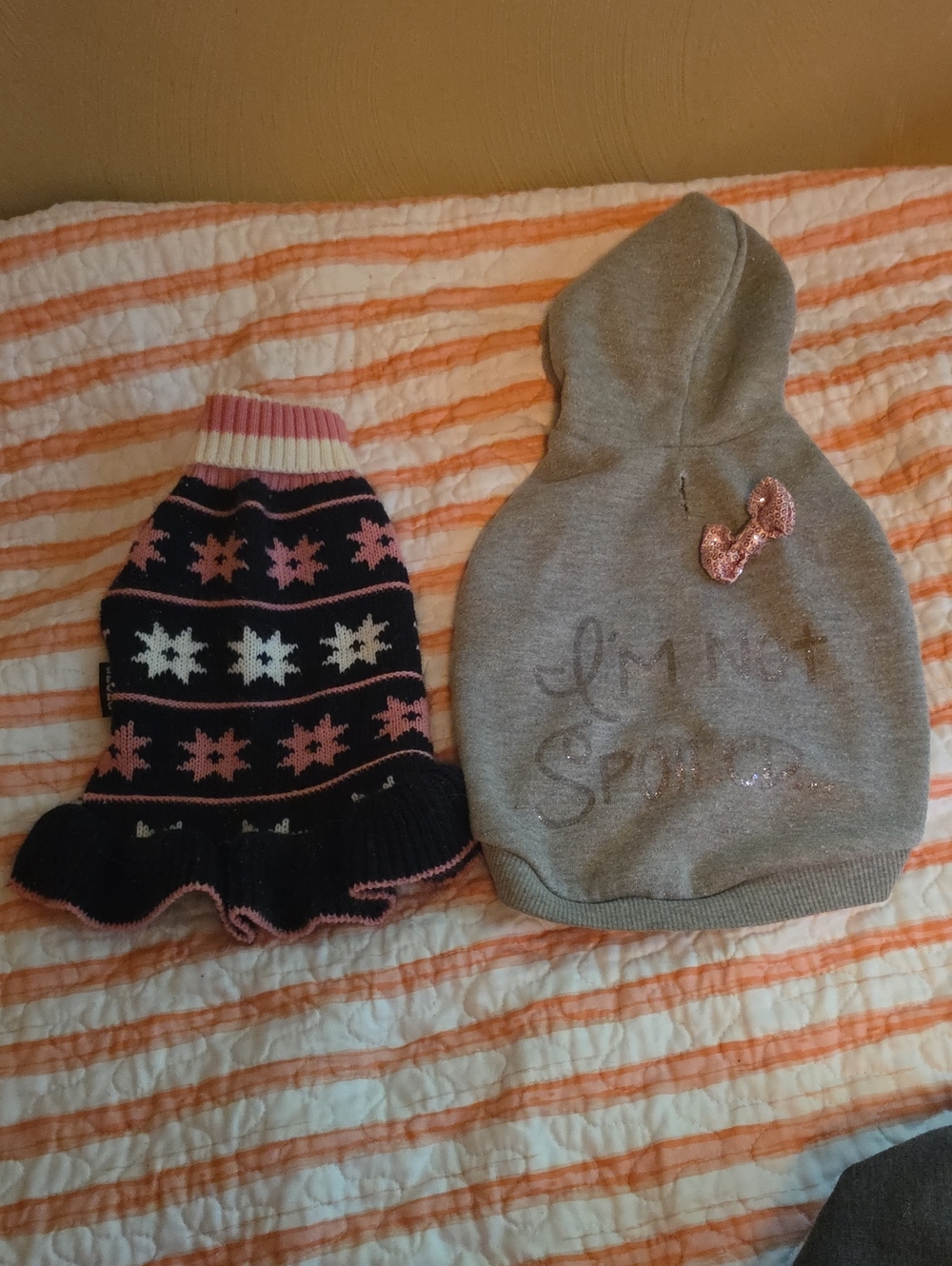 Gray Hooded Pet Sweater with Pink Sequin Bow + Navy Pink Knit Dress
